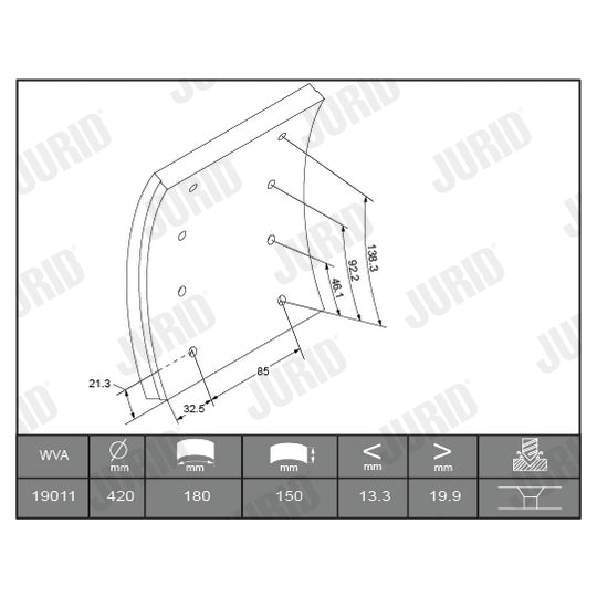Jurid 1901001070 Brake Lining Kit, drum brake to suit Daf