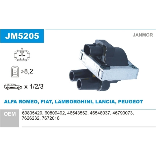 Janmor Ignition coil to suit Fiat, Hitachi, Alfa Romeo