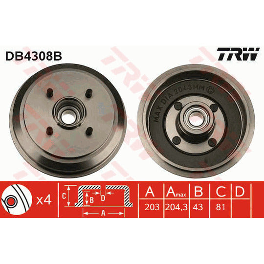 Trw Brake Drum to suit Ford, Mazda