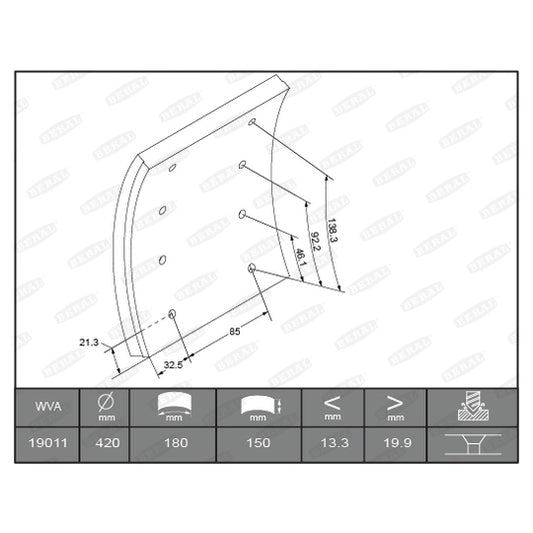 Beral KBL19010.0-1616 Brake Lining Kit, drum brake to suit Daf