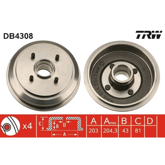 Trw Brake Drum to suit Ford, Mazda